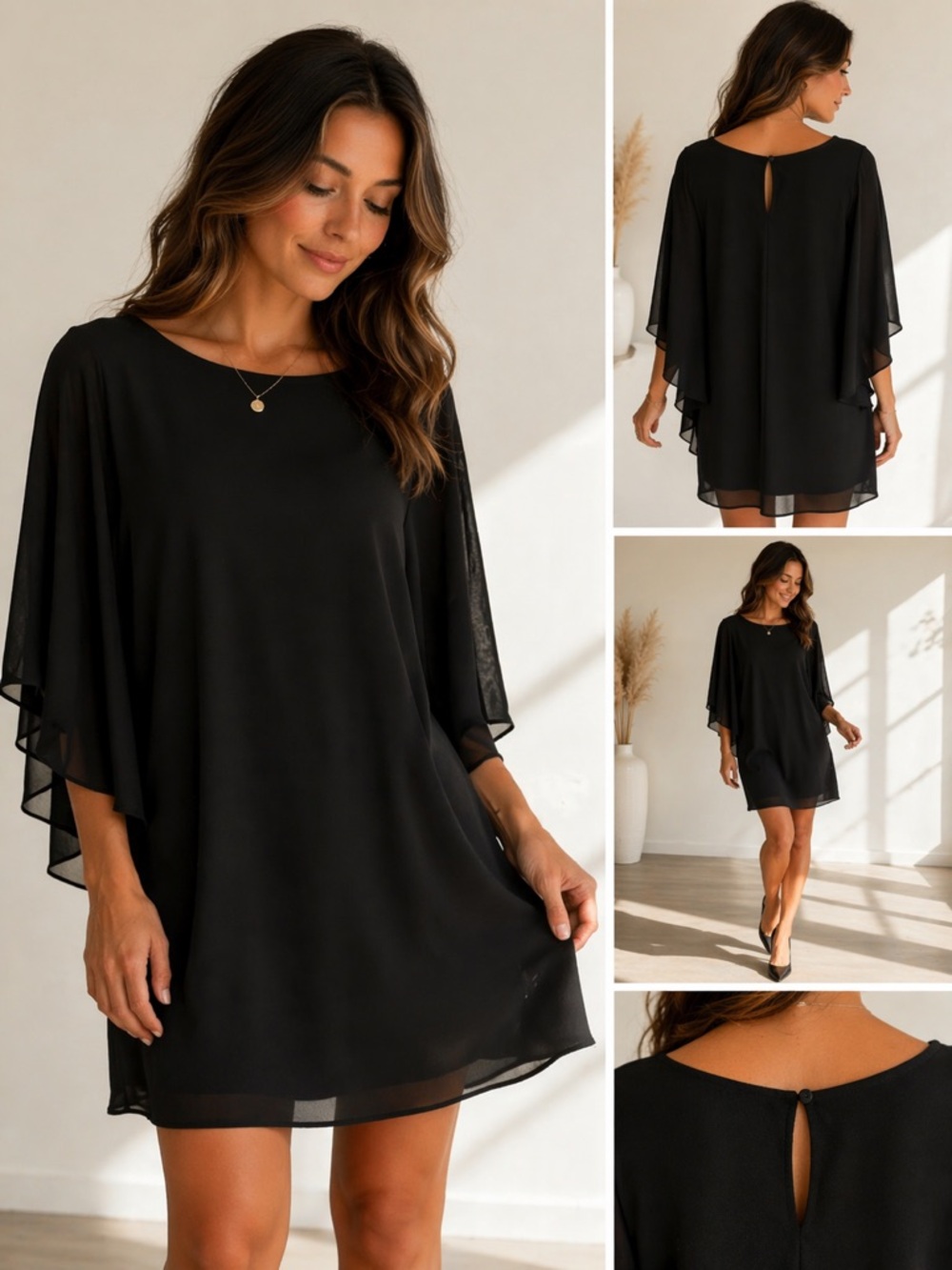 CHELSEA28 Mini Black Dress with Flowy Bell Sleeves Size Small